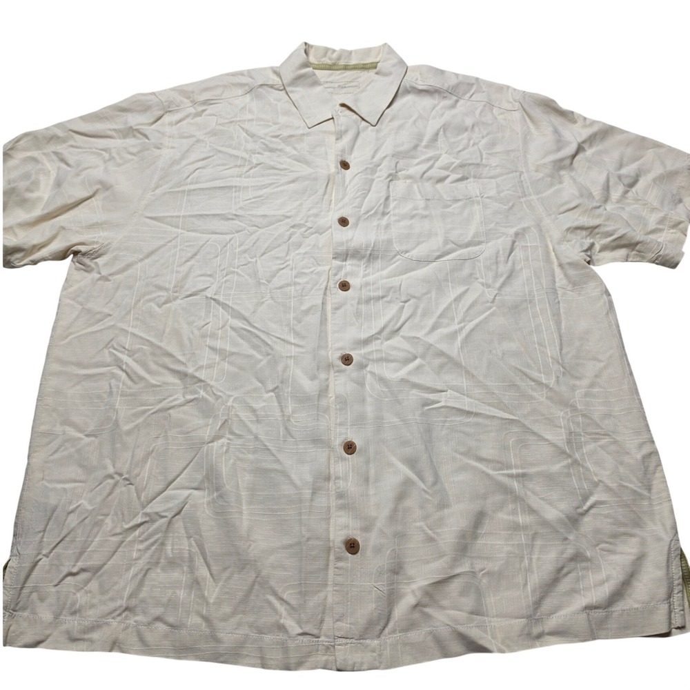 Tommy Bahama Mens XL Silk Button Down Shirt Cream Jacquard Short Sleeve Pocket